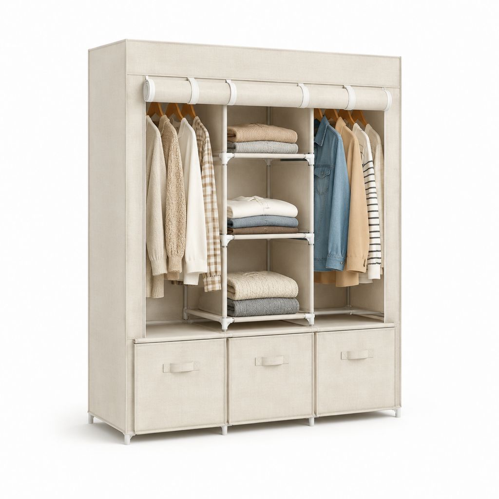 Stoffkleiderschrank Beige mit Kleiderstangen Regalfächern und 3 Fächern 150 x 45 x 175 cm