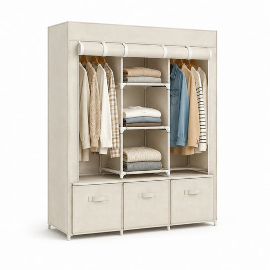 Stoffkleiderschrank Beige mit Kleiderstangen Regalfächern und 3 Fächern 150 x 45 x 175 cm