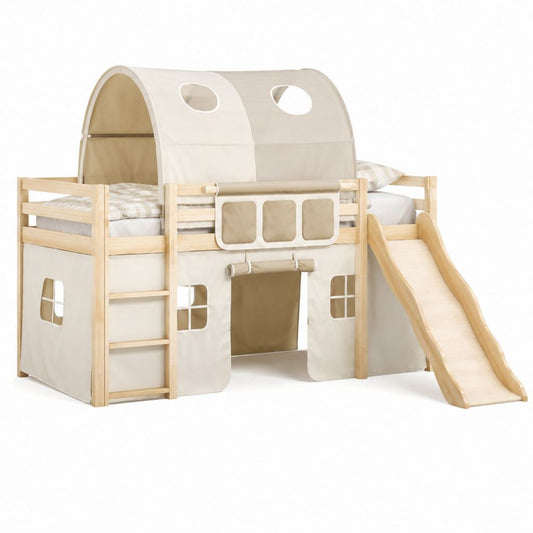 Kinderhochbett mit Rutsche und Spielzelt Natur Beige Kiefer Massivholz Polyester 90 x 200 cm